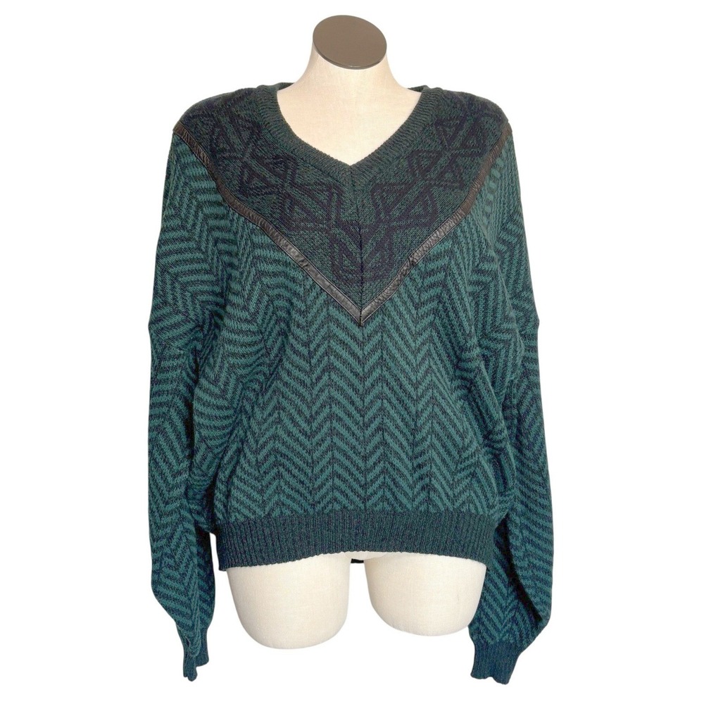 Puritan Green Black Herringbone V Neck Sweater Mens 3XL Acrylic Leather‎ Trim